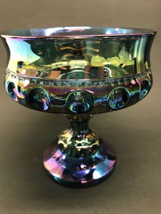 Vintage Blue/amethyst Carnival Glass King’s Crown Compote 5 1/4”h