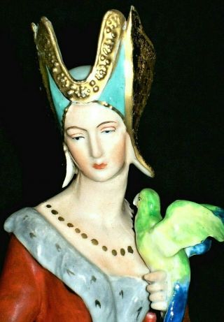 Antique German Dresden Art Deco Medieval Lady Queen With Bird Porcelain Figurine