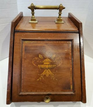 Large Antique Wood Coal Ash Scuttle Box Bin Insert Brass Handle Inlaid
