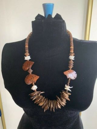 Hawaiian Theme Wooden Necklace Brown Beads And Fish Vintage 1984