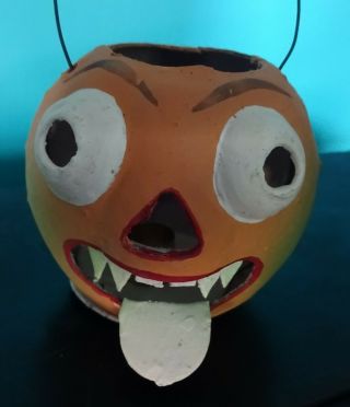 Antique German Paper Mache Halloween Pumpkin Bug Eyed With Tongue Sharp Teeth Vg