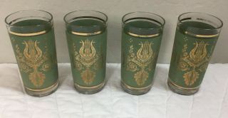 4 Vintage Mid Century High Ball Drink Glasses,  Harp Lyre,  Jeannette,  Green/gold