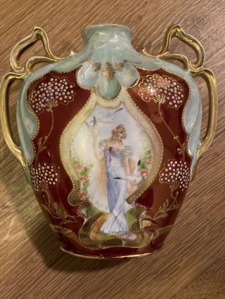 Antique Germany Art Nouveau Hand Painted Woman W/ Peacock Porcelain Vase • Vg,  •