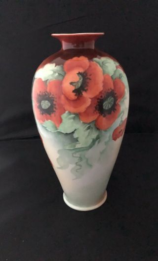 Antique Lenox Belleek Hand Painted 12”tall Vase With Poppies And Foliage