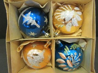 4 Vintage Hand Blown & Decorated Christmas Ornaments,  Made In Poland For Kmart