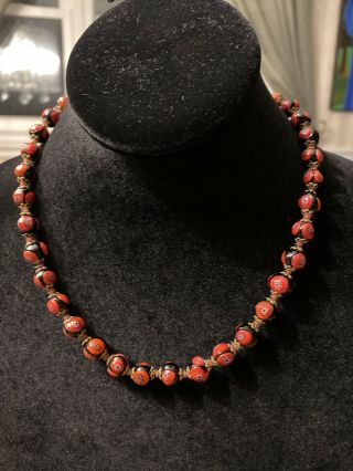 Vintage Black And Red Venetian Glass Beaded Necklace