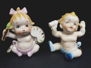 Vintage Japan Porcelain Boy & Girl Diaper Pin Babies,  C.  1940 
