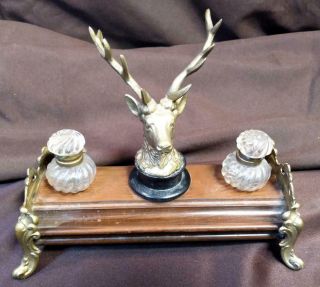 Old Antique Wood And & Metal Double Glass Inkwell Deer Stag Head Hunting Lodge