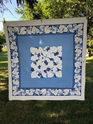 Vintage Blue And White Floral Textured Cotton Tablecloth 48 1/2 " X 50 "