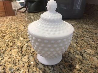 Vintage Fenton White Milk Glass Hobnail Covered Candy Dish Pedestal Footed