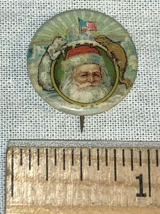 Antique Celluloid Pinback Button Santa Claus American Flag Christmas Holiday Pin