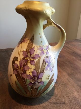 Antique C1900 Turn Teplitz Amphora Austria Bohemia Nouveau Purple Iris Pitcher C
