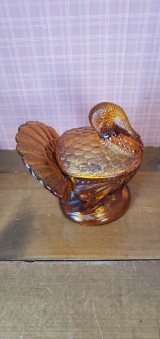 Vintage L.  E.  Smith Large Amber Pressed Glass Nesting Turkey Candy Nuts Dish