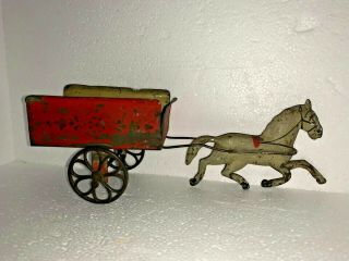 Early American Antique Tin Toy Horse Drawn Wagon George Brown Fallows 1880 