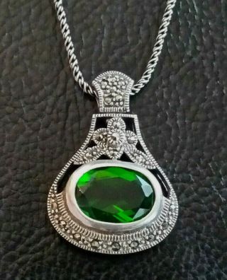 Vtg Sterling Silver Necklace Marcasite Emerald Green Glass Oxidized 13g 925 332