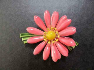 Vintage Enamel Flower Pin Brooch Pink Petals 3d Yellow Center By Robert