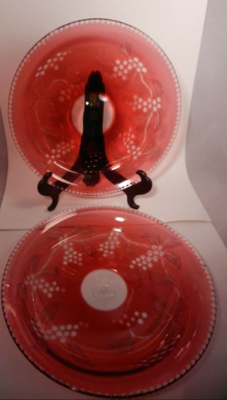 2 Antique Thomas Webb England Cranberry Cut To Clear Crystal Bowls,  Pr,  Signed