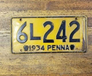 Rare Vintage License Plate Pennsylvania 6l242 Antique Car Tags Plates 1934 ☆usa