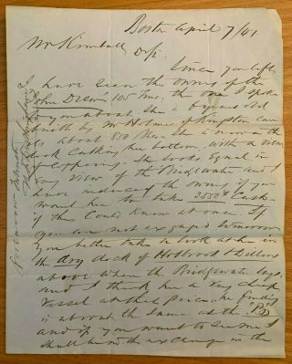 1847 Boston Ship Broker Letter Of Ship John Drew Salem Ma Kimball