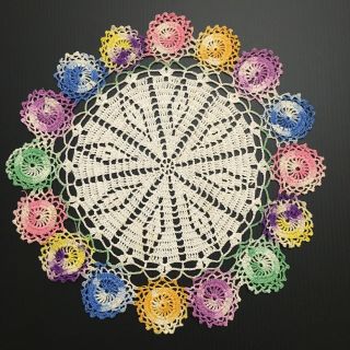 11 " Vintage Hand Crochet Round Doily Doilie Rainbow Multi Colored