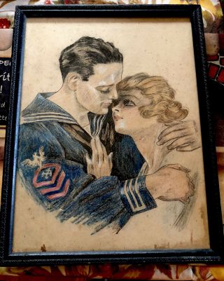 Antique Hand Painted Picture Of Sailor,  Circa 1900,  Frame