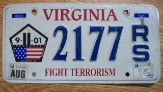 Single Virginia License Plate - 2177rs - Remember 9/11 - Fight Terrorism