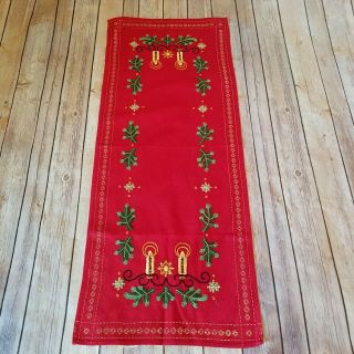 Table Runner Vintage Christmas Red Hand Embroidered Candles Greenery