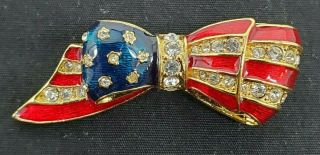 Vintage Carolee Brooch/pin Bow Usa Flag Red White Blue Rhinestone Gold Tone