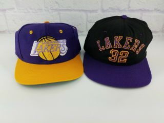 2 Vintage 1990s Nba Los Angeles Lakers Purple Black Snapback Hats Logo 7 Ajd
