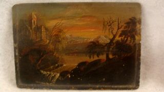 Antique Primitive 19c Folk Art Sunset Landscape Oil Painting