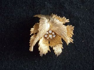 Vintage Signed Crown Trifari Flower Leaf Rhinestone Brooch