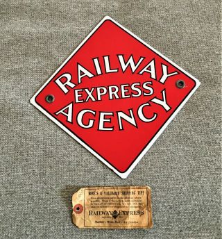 1940s Railway Express Agency 8 " X 8 " Enameled Metal Sign Tag