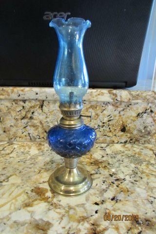 Vintage Cobalt Blue Glass Metal Oil Lamp Small 9 1/2 Inch Hong Kong