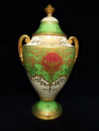 Antique Coalport Porcelain England Gilded Green Lidded Urn / Vase 1890