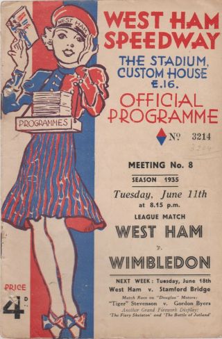 Vintage 1935 Speedway Programme West Ham V Wimbledon