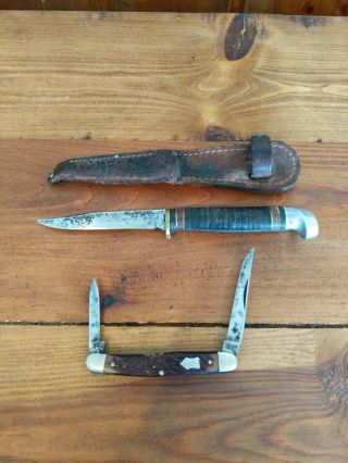 2 Vintage Western Boulder Usa Fixed Blade Knife W/leather Sheath & Pocket Knife