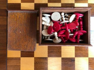 Antique Victorian (?) Bone Chess Set.  Red & White.  2 5/8 " King.  W/ Box