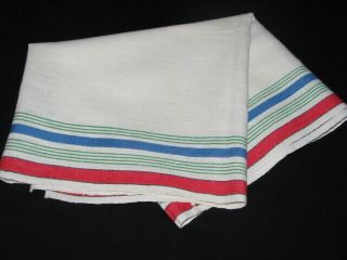 Vintage Linen Tea Towel Red Blue Green Stripes Bright Colors Kitchen Dishes