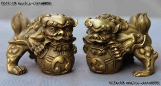 Chinese Fengshui Animal Copper Brass Foo Dog Lion Kylin Unicorn Play Ball Statue