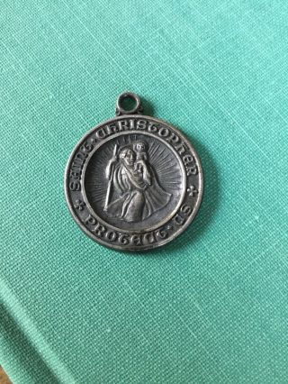 Vintage Saint Christopher Protect Us Unmarked Sterling Engraved Metal No Bale