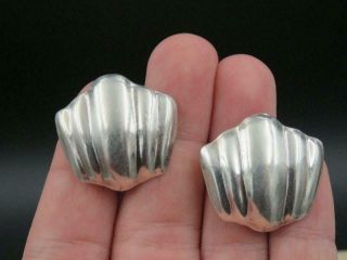 Vintage Taxco Mexico Sterling Silver Modernist Puffy Grooved Clip - On Earrings