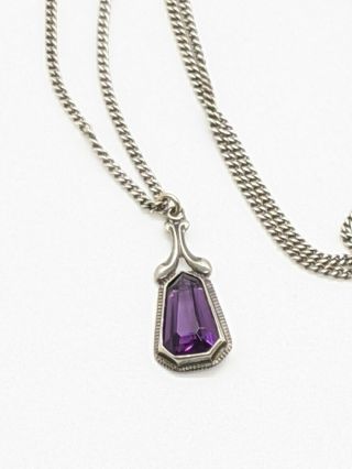 Eton Sterling Silver 925 Necklace Amethyst Purple Glass Vintage Style Pendant
