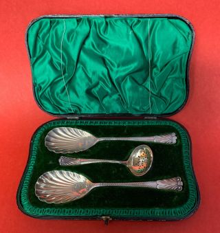 Antique English Sterling Silver 3 Piece Boxed Dessert Set Dated 1905 - 1907