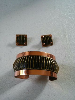 Copper Cuff Bracelet W Gold Tone Matching Pair Vintage Clip On Earrings