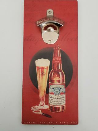 Budweiser Beer Wall Mounted Bottle Opener - Bar - Man Cave - Wood Vintage