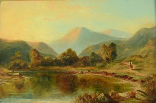 Fine Antique 19th Century Sunset Mountain Landscape Oil Painting