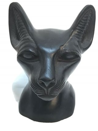 Vintage Hand Carved Black Stone Egyptian Cat Head Figure Statue 4”