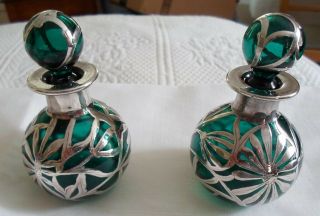 Pair Antique Art Nouveau Sterling Silver Overlay Green Glass Perfume Bottles
