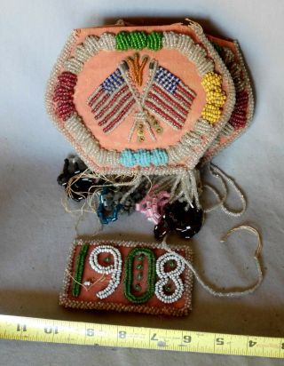 Antique Native American Beaded Purse Bag Iroquois Dated 1908 American Flag Glass