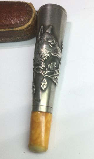 Antique European Sterling Silver 3/d Dog Fox Hound Cigarette Holder W/ Case M77